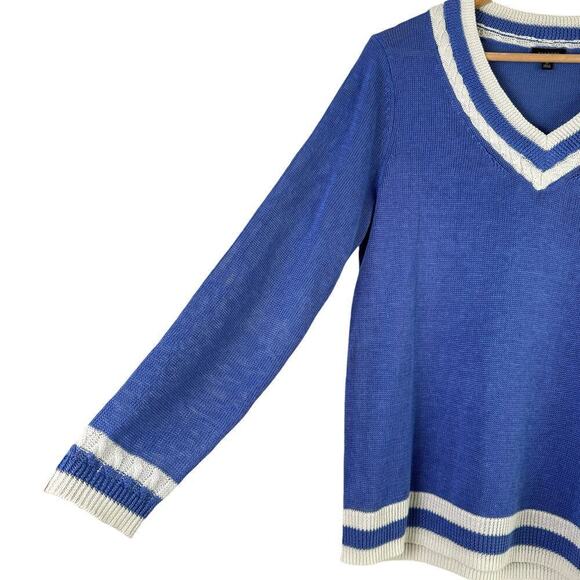 Talbots Linen V-Neck Varsity Style Sweater in Blue‎ and White, Size Medium - Picture 8 of 11